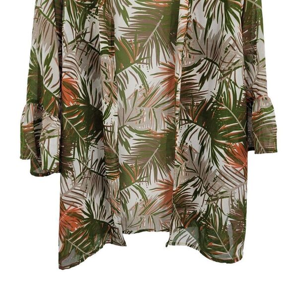 Vintage 80's Tantrums Kimono Coverup XL Green Sheer Botanical Camo Ruffle Cuff - Picture 8 of 13